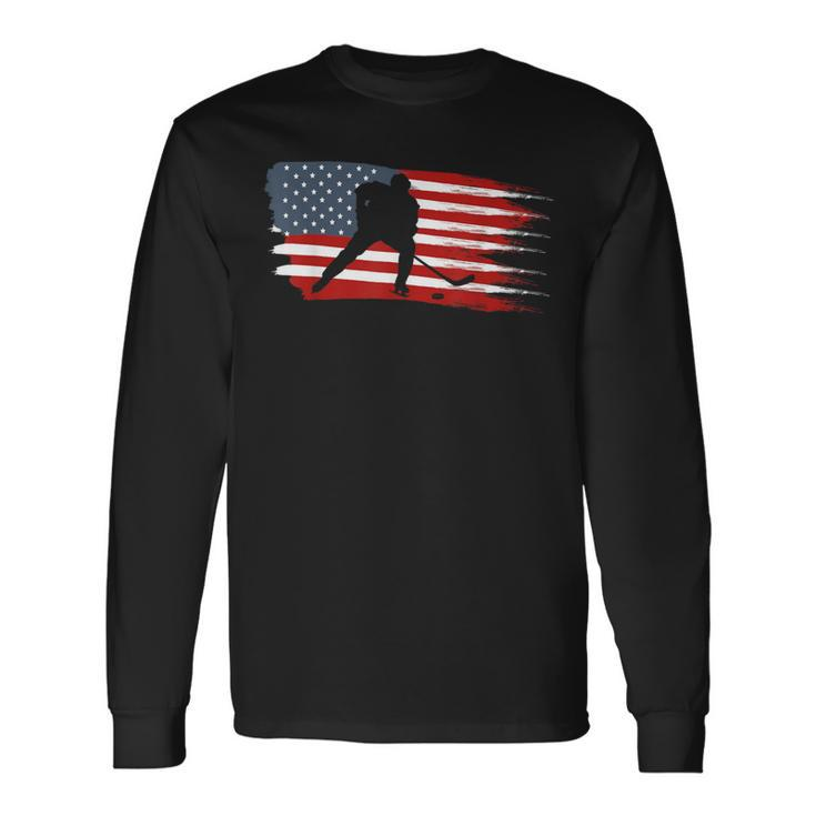 Hockey Usa Flag American Flag Patriotic Ice Hockey Long Sleeve T-Shirt