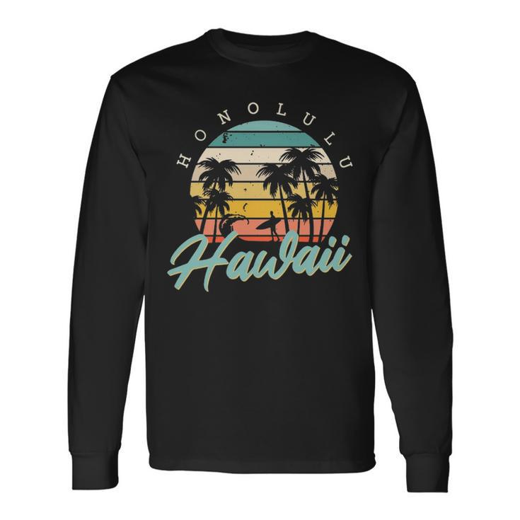 Honolulu Hawaii Surfing Oahu Island Aloha Sunset Palm Trees Long Sleeve T-Shirt