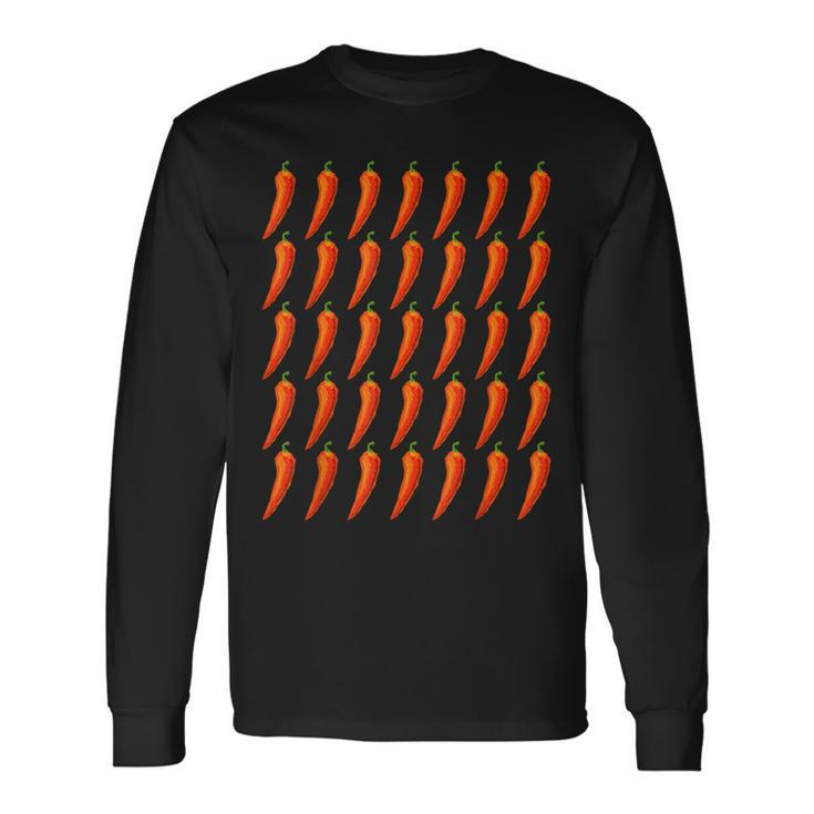 Hot Repeating Chili Pepper Pattern For Spicy Food Lover Long Sleeve T-Shirt