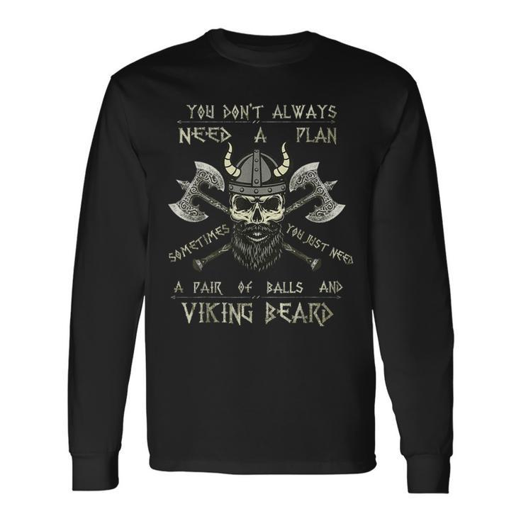 Humor Brave Beard Viking Scull Vikings Axe Mens Long Sleeve T-Shirt