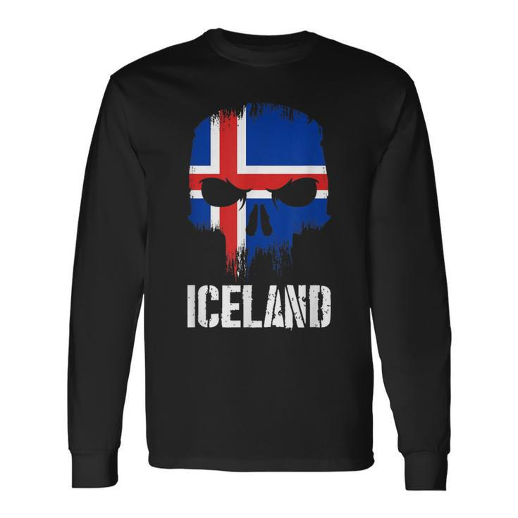 Iceland Flag Skull Icelandic Pride Patriotic Long Sleeve T-Shirt