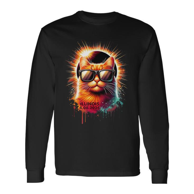 Illinois 2024 Total Solar Eclipse Cat Wearing Glasses Long Sleeve T-Shirt