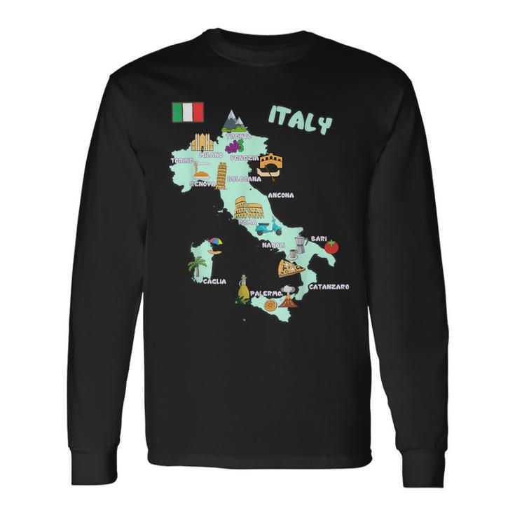 Italy Map Italian Landmarks Hand Drawn Symbols Cities Flag Long Sleeve T-Shirt