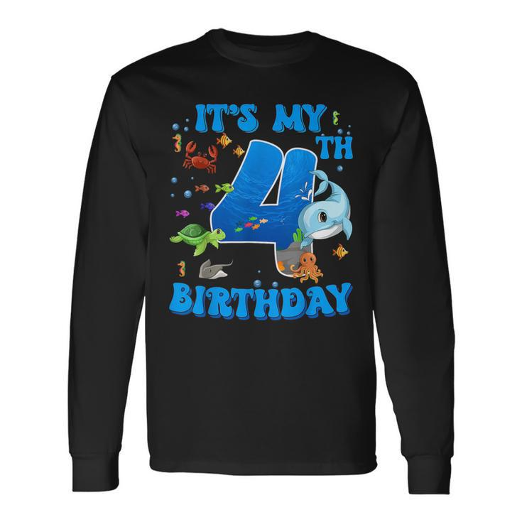 It's My 4Th Birthday Party Ocean 4 Years Old Sea Fish B-Day Long Sleeve T-Shirt