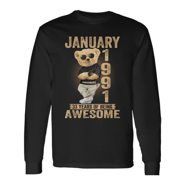 January 1991 33Th Birthday 2024 33 Years Of Being Awesome Long Sleeve T-Shirt