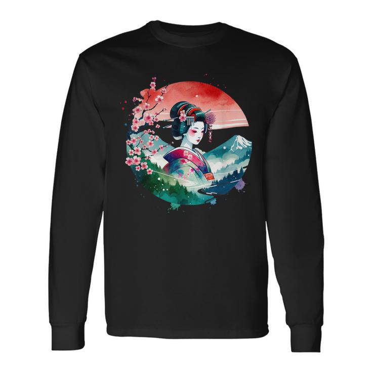 Japan Traditionell Landschaft Geisha Kirschblüte Retro Anime Langarmshirts Geschenkideen