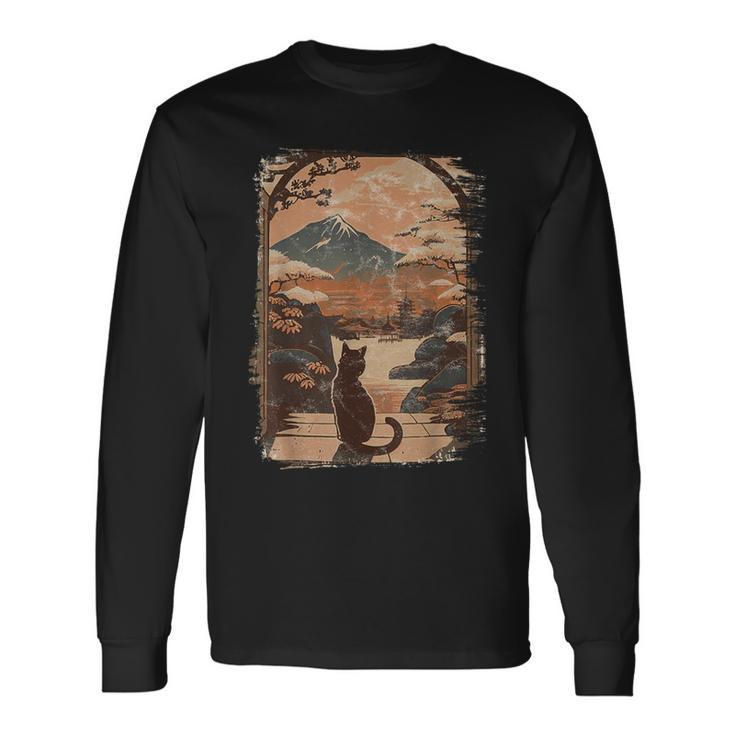 Japanese Cat With Landscape And Mountain Long Sleeve T-Shirt