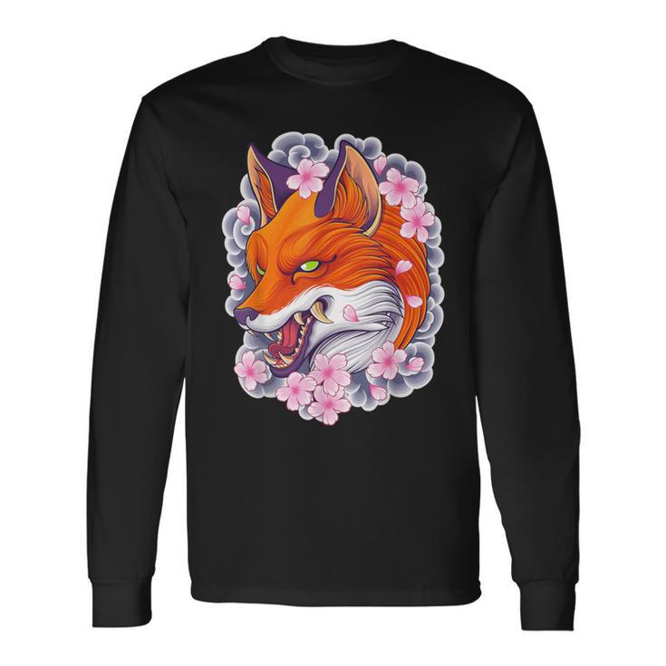 Japanese Fox Aesthetic Fox Sakura Anime Kitsune Long Sleeve T-Shirt Gifts ideas