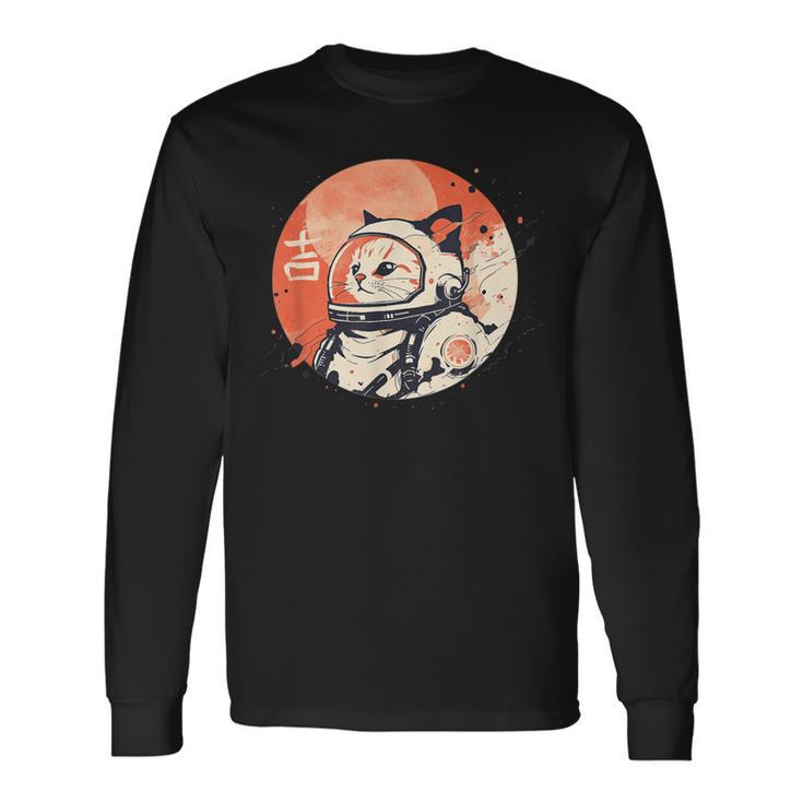 Japanese Minimalist 1950S Retro Space Cat Good Luck Kanji Long Sleeve T-Shirt