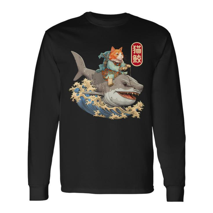 Japanese Samurai Cat Shark Ninja Cat Tattoo Kitten Warrior Long Sleeve T-Shirt