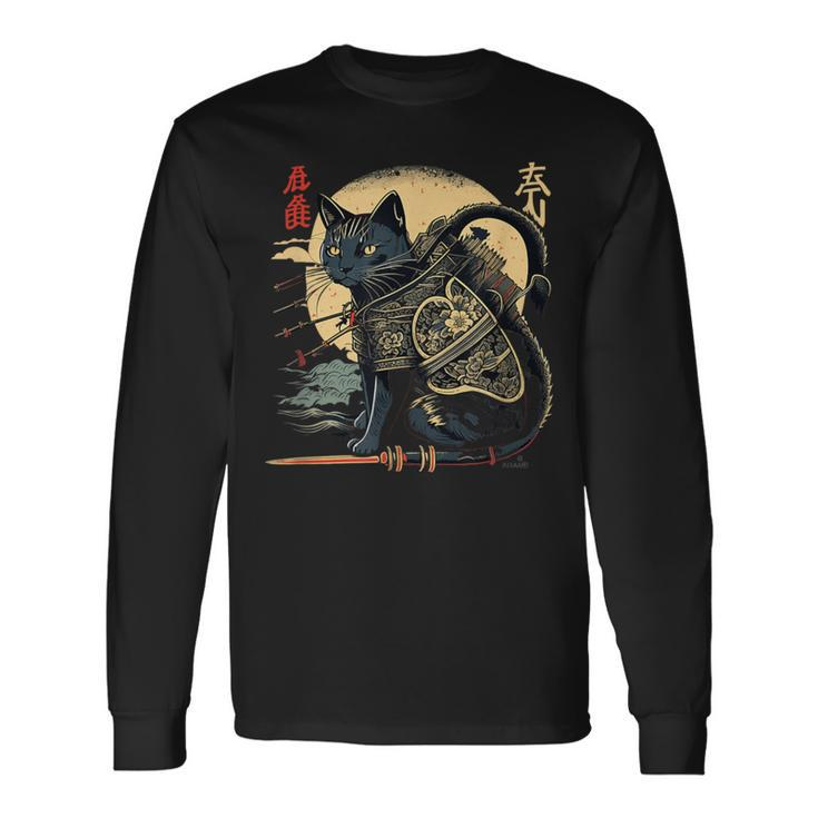 Japanese Samurai Cat Tattoo Vintage Kawaii Ninja Long Sleeve T-Shirt