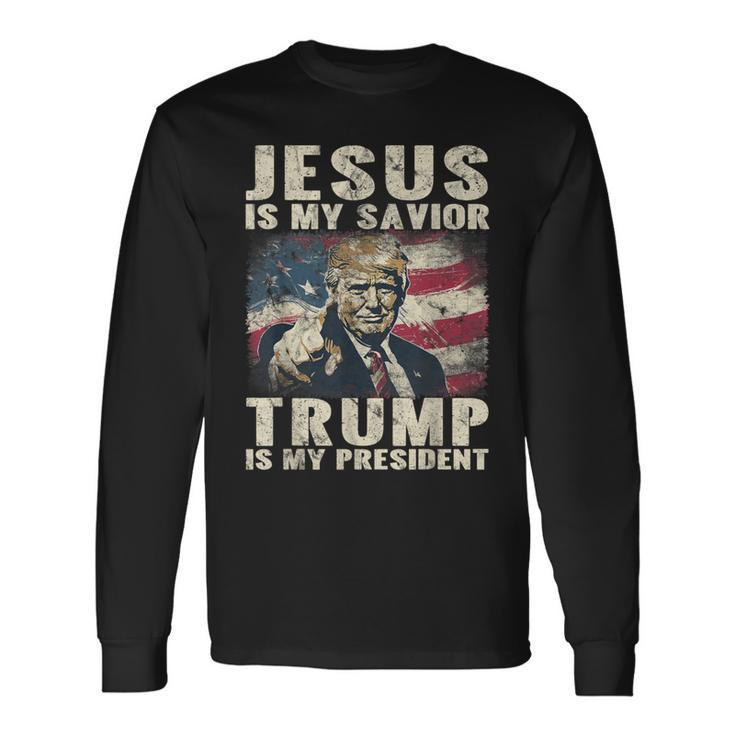 Jesus Is My Savior Trump Is My President 2024 American Flag Long Sleeve T-Shirt