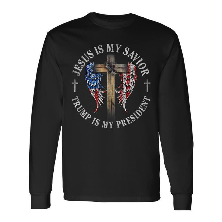 Jesus Is My Savior Trump Is My President 2024 Usa Flag Cross Long Sleeve T-Shirt Gifts ideas