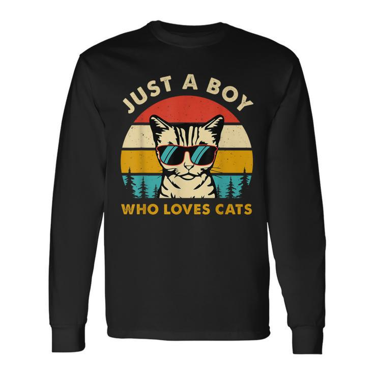 Just A Boy Who Loves Cats Themed Cat Owner Boy Kid Cat Lover Long Sleeve T-Shirt