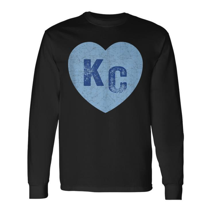 Kansas City Heart Kc Hearts I Love Kc Letters Blue Vintage Long Sleeve T-Shirt