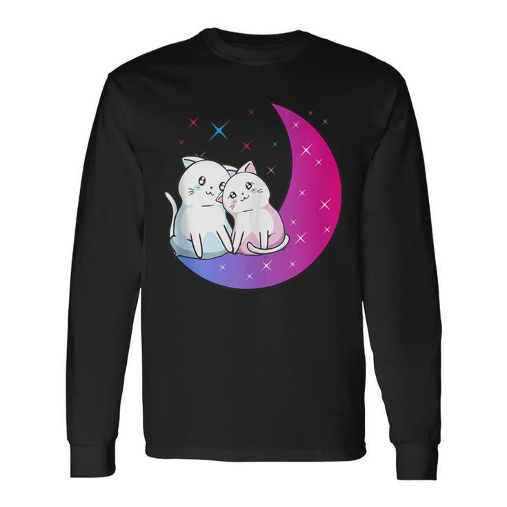 Kawaii Anime Cats Couple On Purple Moon In Love Otaku Cute Long Sleeve T-Shirt