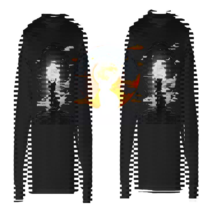 Kawaii Cat Anime Japonés Retro Divertido Gato Negro Amantes Arte Camiseta de manga larga