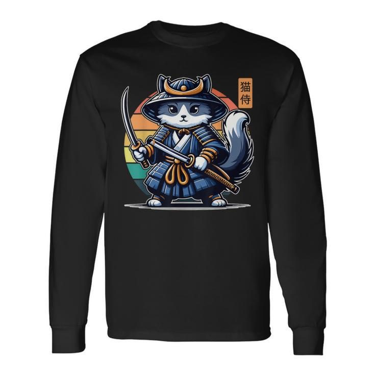 Kawaii Graphic Japanese Anime Manga Samurai Ninja Cat Long Sleeve T-Shirt Gifts ideas