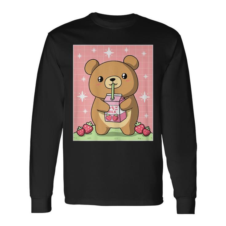 Kawaii Teddy Bear Drinking Strawberry Milk Japanese Long Sleeve T-Shirt