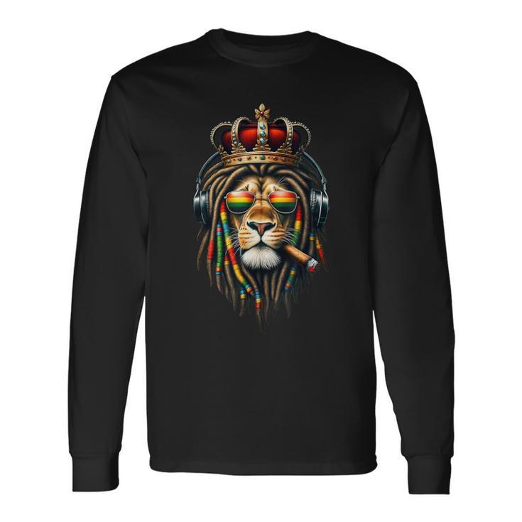 King Rasta Reggae Rastafarian Music Headphones Lion Of Judah Long Sleeve T-Shirt