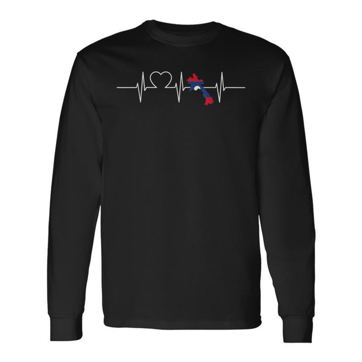 Laos With Heartbeat Vintage Flag Of Laos Long Sleeve T-Shirt
