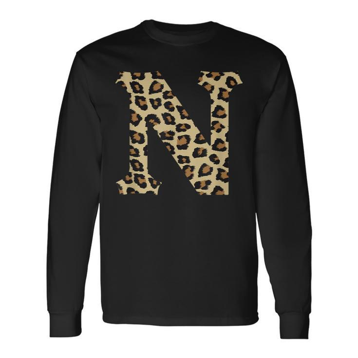 Leopard Cheetah Print Letter N Initial Rustic Monogram Long Sleeve T-Shirt