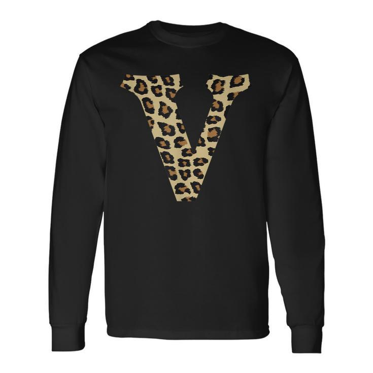 Leopard Cheetah Print Letter V Initial Rustic Monogram Long Sleeve T-Shirt
