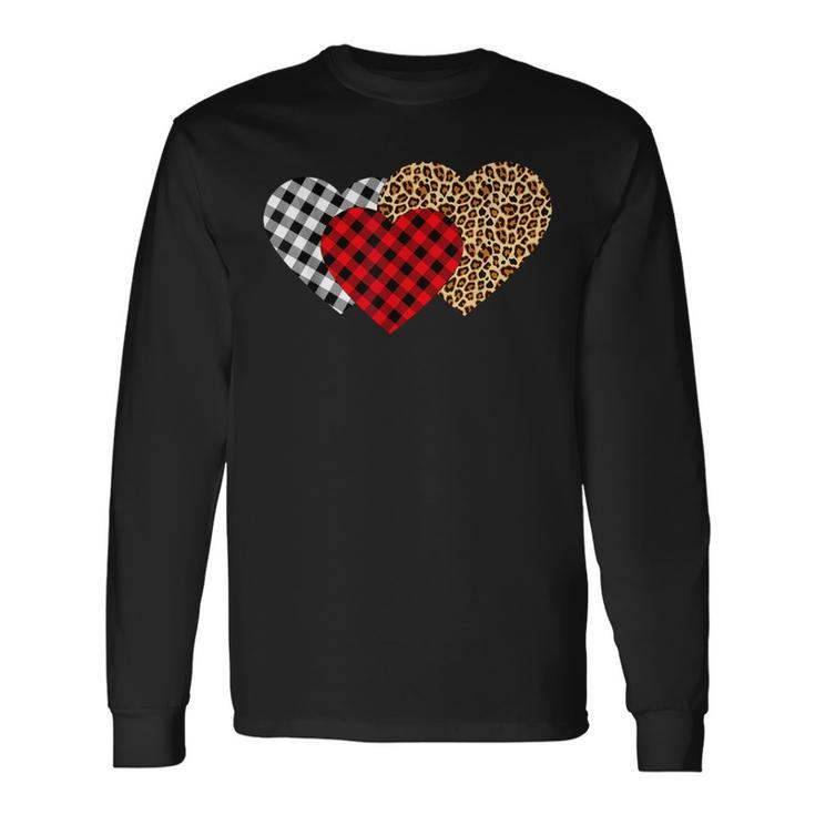 Leopard Heart Buffalo Plaid Heart Valentine Day Long Sleeve T-Shirt