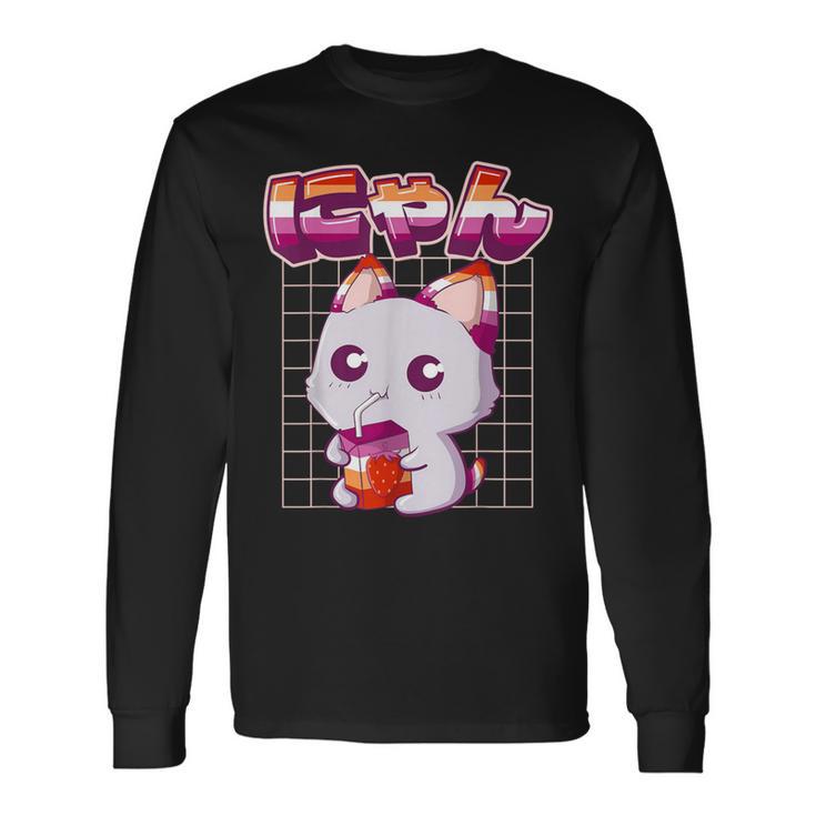 Lesbian Pride Gay Kawaii Cat Strawberry Milk Lesbian Flag Long Sleeve T-Shirt