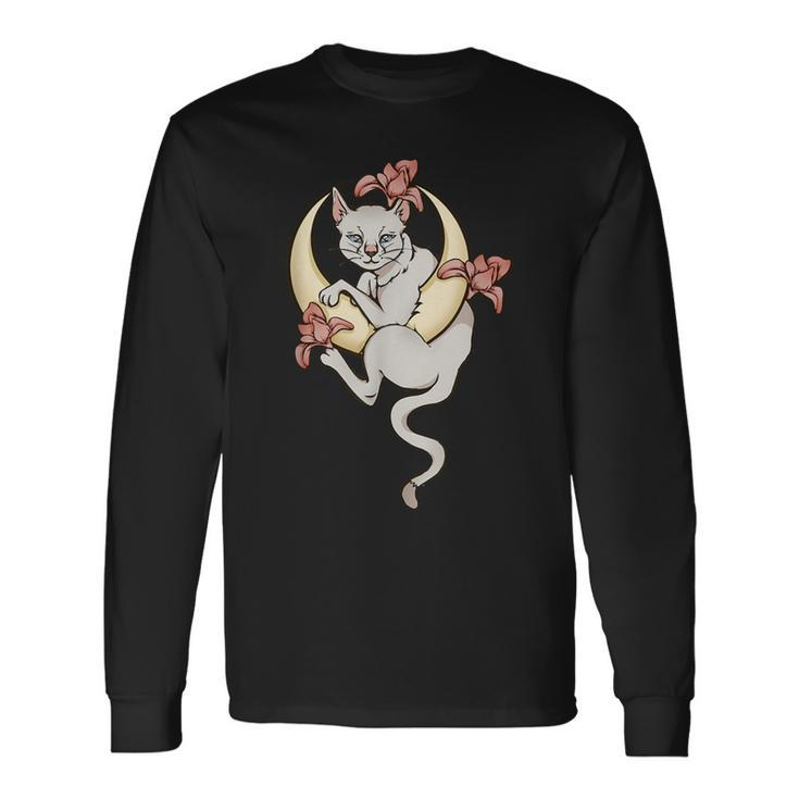 Lilie Flowers Celestial Cat In A Crescent Moon Long Sleeve T-Shirt Gifts ideas