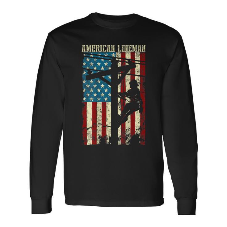 Lineman American Flag Electric Cable Patriotic Lineman Long Sleeve T-Shirt