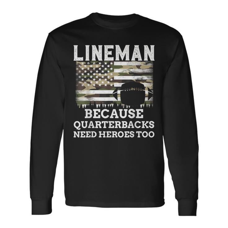 Lineman Football Patriotic American Flag Camouflage Long Sleeve T-Shirt