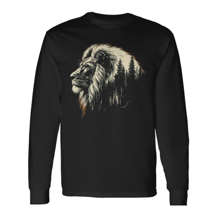 Lion Forest Graphic Vintage Lion King Illustration Animal Long Sleeve T-Shirt