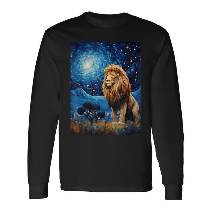 Lion Starry Night Van Gogh Style Graphic Long Sleeve T-Shirt