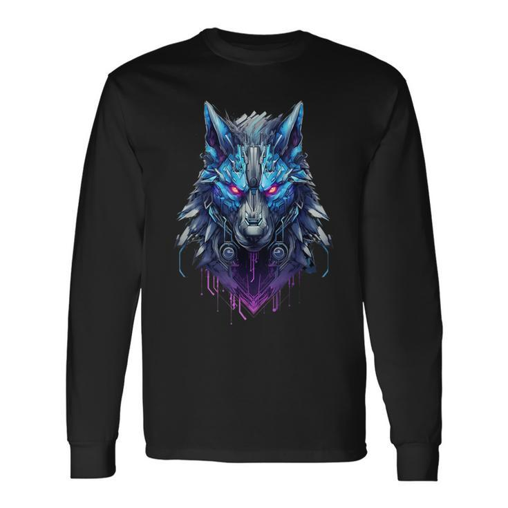 Lone Wolf Howl Futuristic Cyberpunk Wolf Head Long Sleeve T-Shirt