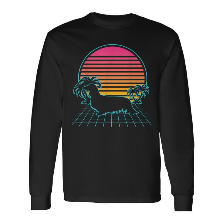 Long Haired Dachshund Vintage 80S Vaporwave Aesthetic Dog Long Sleeve T-Shirt Gifts ideas