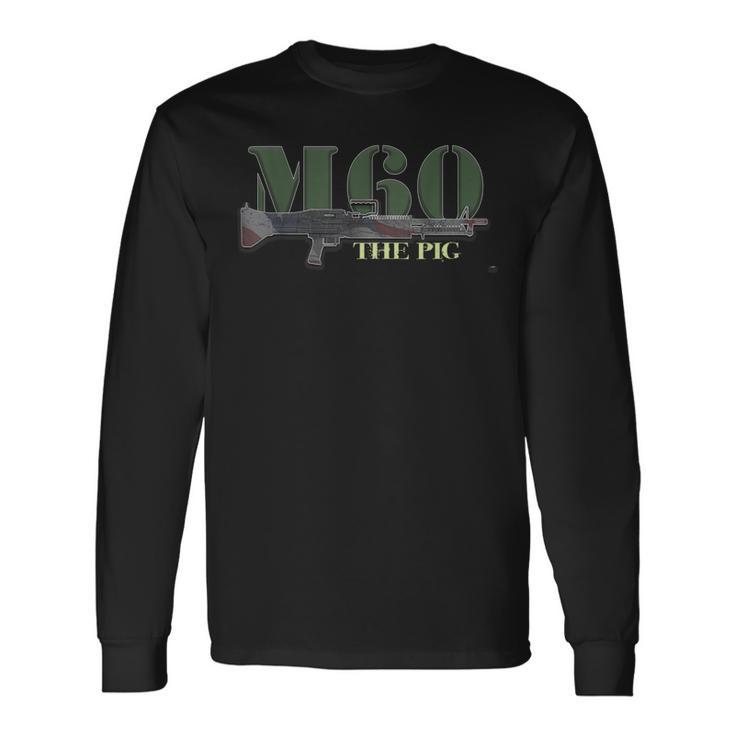 M60 Military Machine Gun American Flag Graphic Long Sleeve T-Shirt