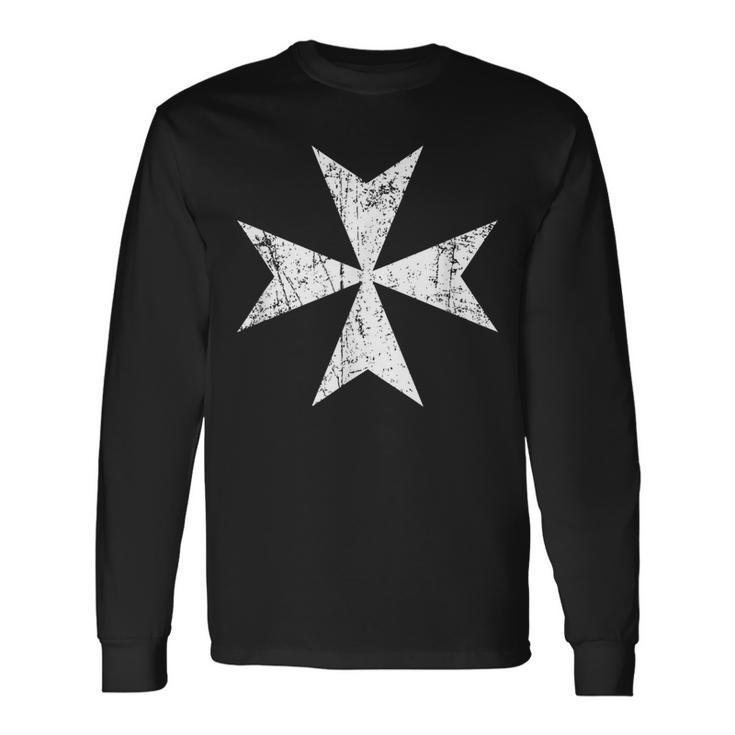 Maltese Cross Distressed White Print Malta Cross Long Sleeve T-Shirt Gifts ideas