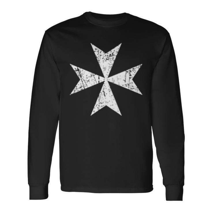 Maltese Cross Small Breastpocket White Print Long Sleeve T-Shirt