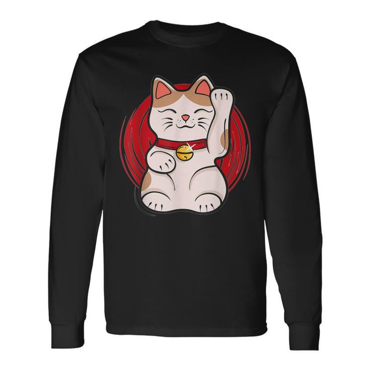 Maneki-Neko Lucky Cat Statue Waving Japanese Style Long Sleeve T-Shirt