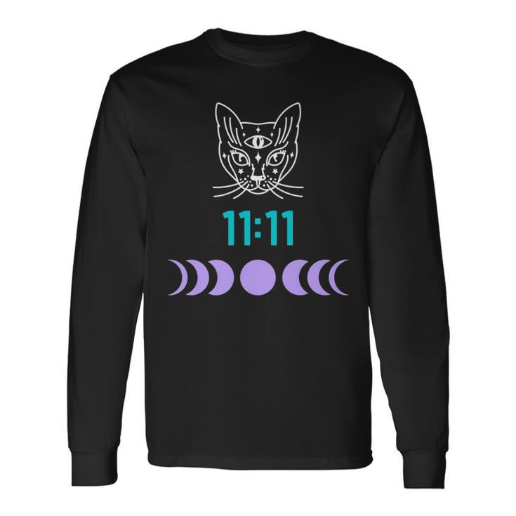 Manifestation Cat And Moon Phase 11 11 Eleven Eleven Purple Long Sleeve T-Shirt Gifts ideas