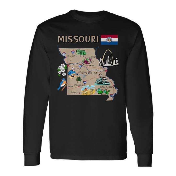 Map Of Missouri Landmarks Major Cities Roads Flag Long Sleeve T-Shirt