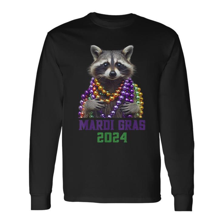 Mardi Gras 2024 Bead Party Street Parade Cute Raccoon Long Sleeve T-Shirt