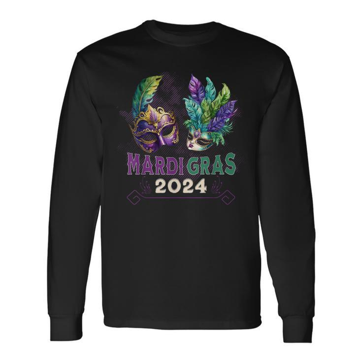 Mardi Gras 2024 Jester Feather Masks Carnival Parade Party Long Sleeve T-Shirt
