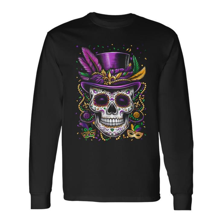 Mardi Gras Skull Top Hat Beads Mask New Orleans Louisiana Long Sleeve T-Shirt
