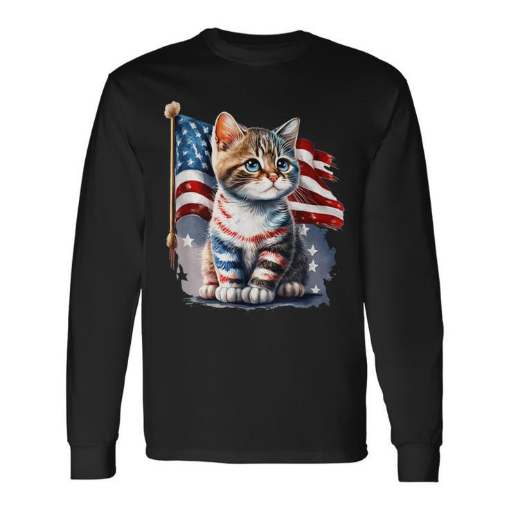Memorial Day Cat 4Th Of July Patriotic Usa Flag Long Sleeve T-Shirt
