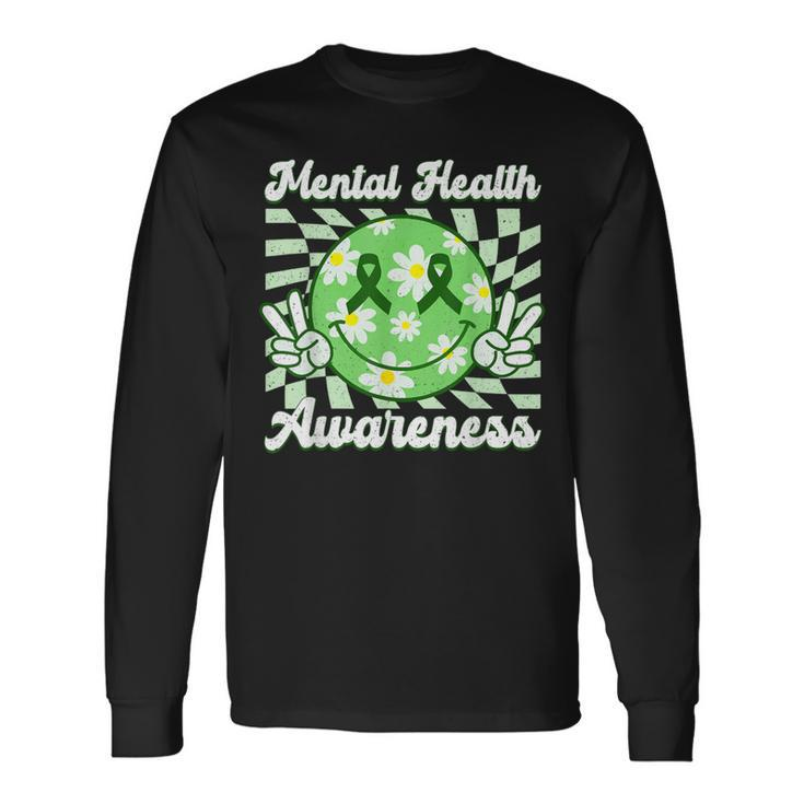Mental Health Awareness Smile Face Checkered Green Ribbon Long Sleeve T-Shirt