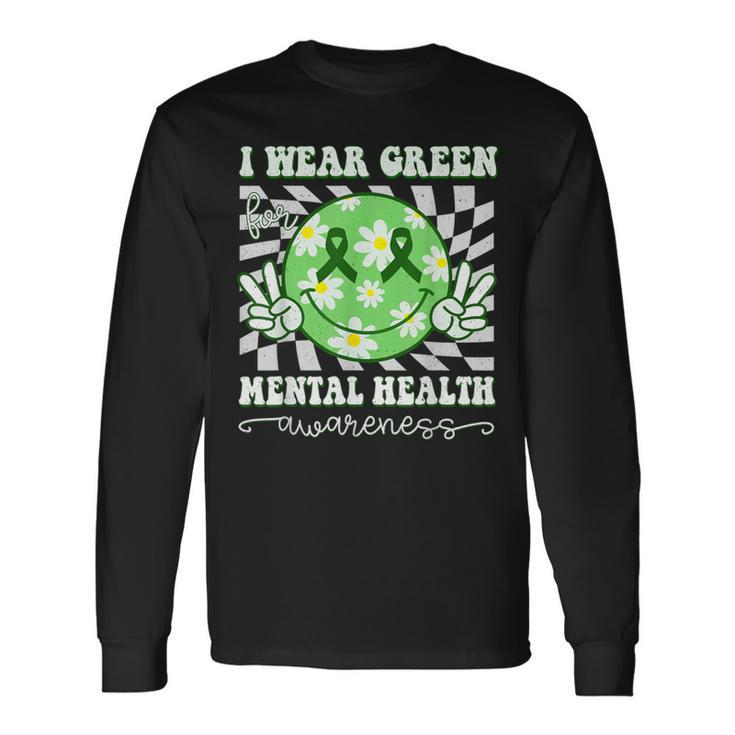 Mental Health Awareness Smile Hippie Checkered Green Ribbon Long Sleeve T-Shirt