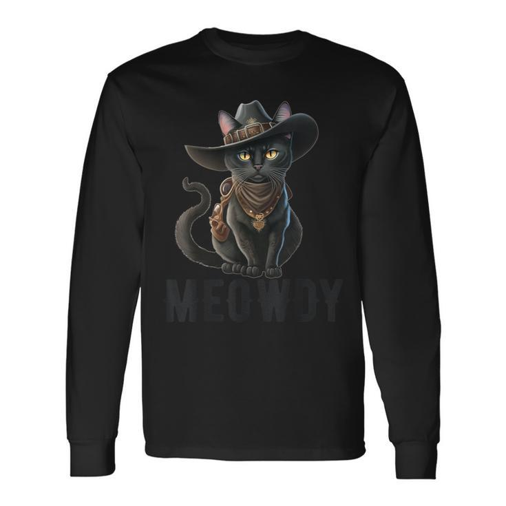 Meowdy Cat Country Music Kitten Cowboy Hat Vintage Long Sleeve T-Shirt