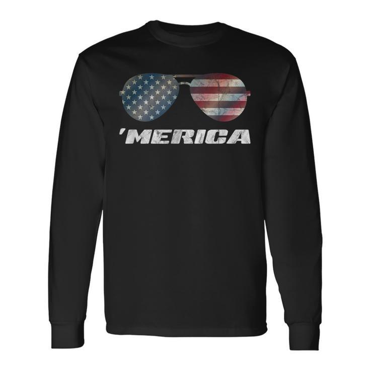 Merica Sunglasses & Us Stars & Stripes Flag 4Th July Long Sleeve T-Shirt